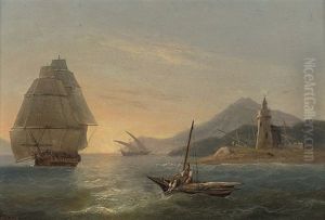 Fishermen Casting Their Nets Off A Lighthouse In The Strait Of Messina, With Mt. Etna Beyond