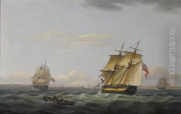 A Merchant Brig Passing Between Two Frigates Off The Coast, A Small Boat Off Her Port Beam - view 1