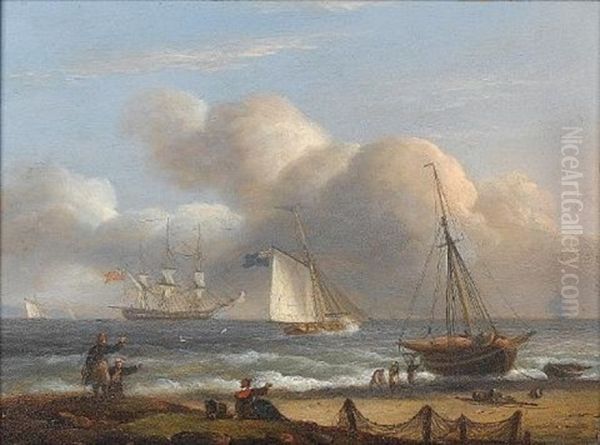An Armed Cutter Caught In The Surf Off A Beach, With An Anchored Frigate Firing A Salute Offshore - view 1