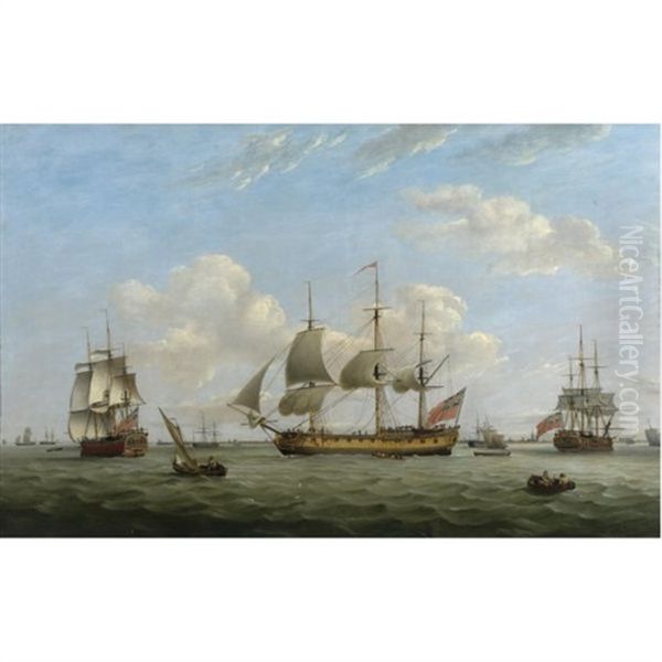 Men-of-war Hms "maria Anna", "earl Of Chatham" And "achilles" Off A Coastal Town - view 1