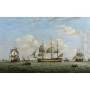 Men-of-war Hms "maria Anna", "earl Of Chatham" And "achilles" Off A Coastal Town by Thomas Luny