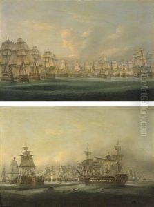 The British Fleet Going Into Action At Trafalgar, With Admiral Collingwood's Royal Sovereign Breaking The Line Ahead Of Nelson's Victory (+ In The Midst Of Battle, Trafalgar At 3.30 P.m; Pair) by Thomas Luny