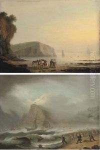 Coastal Scene With Figures And A Horse On A Beach (+ A Ship In Rough Seas Off The Coast With Rescuers On A Beach; Pair)