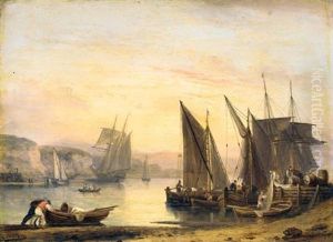 An Estuary Scene With Fishermen Unloading The Boats In A Calm, A Schooner In The Background by Thomas Luny
