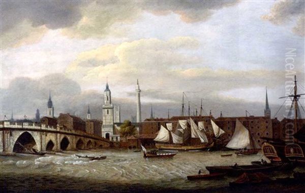 Merchant Shipping At The Wharfside Below Old London Bridge, With The Church Of St. Magnus The Martyr And Wren's Monument To The Great Fire Dominating The Northern Shore - view 1
