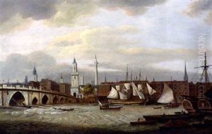 Merchant Shipping At The Wharfside Below Old London Bridge, With The Church Of St. Magnus The Martyr And Wren's Monument To The Great Fire Dominating The Northern Shore by Thomas Luny