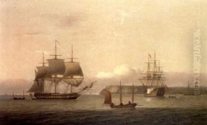 A First Rater, Believed To Be Nelson's Flagship H.m.s. "victory" At Anchor In Tor Bay, Saluting The Arrival Of The Frigate H.m.s. "anson"