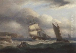 An English Frigate With A Pilot Jack At Her Masthead, Running Into Port Ahead Of The Storm by Thomas Luny