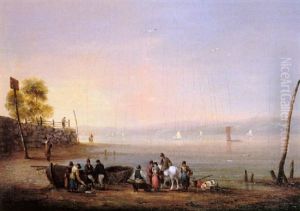 Fisher Folk Unloading The Catch With Sailing Boats Heading Out To Sea by Thomas Luny
