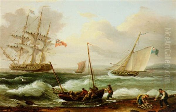 An Armed Cutter Approaching A Frigate Making Sail Off Shore - view 1