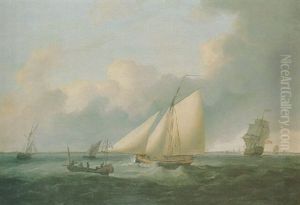 A Lugger, A Man O'war And Other Shipping Off A Coastline by Thomas Luny