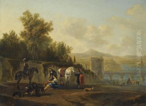 An Extensive Italianate River Landscape With Travellers Resting On A Path by Gerrit Adriaensz Berckheyde