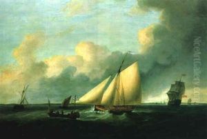 A Lugger, A Man O'war And Other Shipping Off A Rocky Coastline