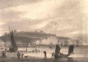 Fisherfolk On The Shore At Dover With The Castle by Thomas Luny