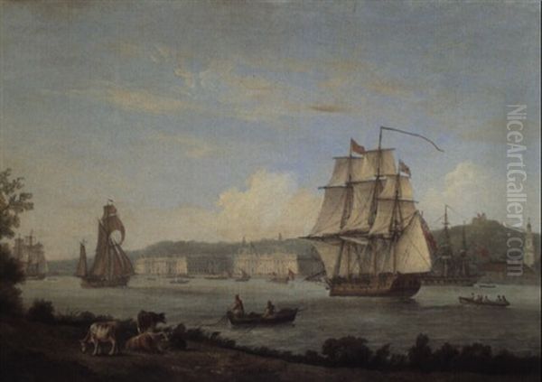 Greenwich From The North Bank With Cows In A Meadow In The Foreground - view 1