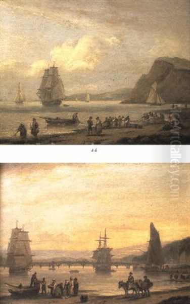 Fisherfolk Hauling In Nets, Ships Off Coast - view 1