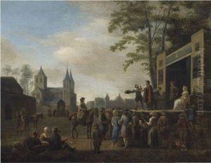 A Stage Play In A Village Street, With Numerous Villagers Watching,a Church In The Background by Gerrit Adriaensz Berckheyde
