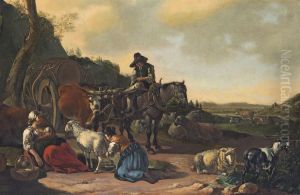 A Pastoral Landscape With A Team Of A Horse And Oxen Drawing A Wagon, A Woman Milking A Sheep, With A Mixed Herd, A River And A Hilltop Tower Beyond