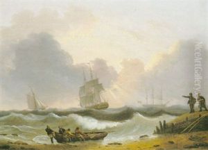 Coastal Scene With Figures Pulling In A Boat To Shore by Thomas Luny