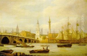 A View Of London Bridge And The Thames With Monument by Thomas Luny
