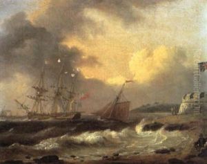 A Navy Cutter Making For A Frigate Lying Off Cowes Castle, Isle Of Wight by Thomas Luny