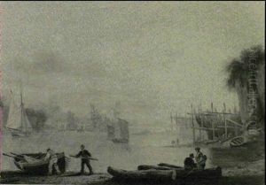 Figures And Boats On An Estuary, Shipbuilding Beyond by Thomas Luny