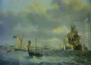 Men O' War And Other Shipping In A Breeze Off Dover by Thomas Luny