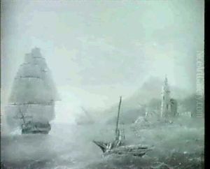 A Coastal Scene With Fishermen Pulling In Nets In The Foreground by Thomas Luny