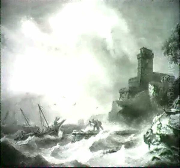 Fishing Boats In A Storm Off A Coast With A Castle Ruin On The Cliff Top - view 1