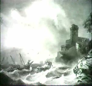 Fishing Boats In A Storm Off A Coast With A Castle Ruin On The Cliff Top by Thomas Luny