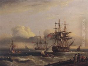 An English Frigate And A Ship Of The Line Getting Underway  In A Fresh Breeze
