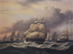 English Frigates And Ships Of The Line In A Strong Breeze by Thomas Luny