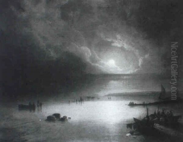 Fisherfolk On A Beach By Moonlight - view 1