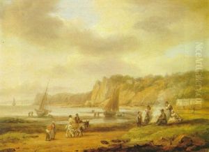 The Bay At Teignmouth With Fishermen Unloading Their Catch, And Figures Resting By A Fire On The Shore by Thomas Luny