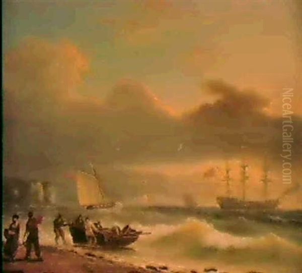 Figures Hauling In A Skiff, A Cutter And Frigate Beyond, At Dusk - view 1