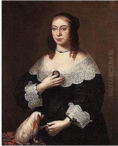 Portrait Of A Lady, Three-quarter Length, Wearing A Black Dress And Playing With A Dog thumbnail