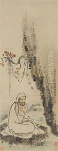 A Seated Ascetic By A Rocky Cliffside by Luo Ping