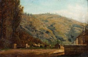 Landscape With Mountain, Houses And Animals by Gerard Joseph Adrian van Luppen