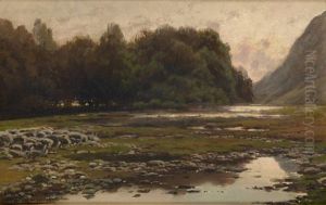 Riviere Au Coucher Du Soleil by Gerard Joseph Adrian van Luppen