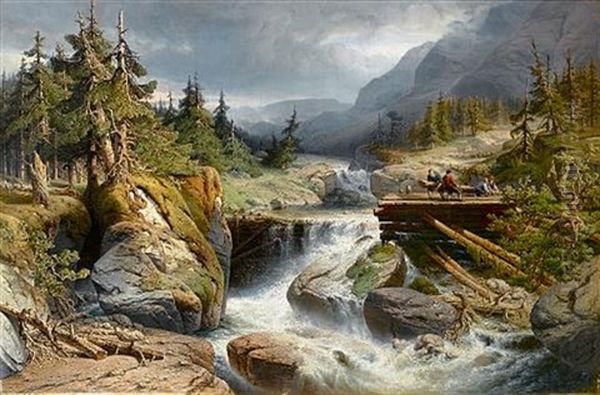 A Mountainous Landscape With Lumberjacks Near A Waterfall - view 1