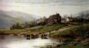 A Village In The Ardennes In Summer With Cattle Fording A Stream In The Foreground
