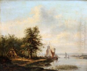 Zeilschepen Op Een Riviertje by Petrus Josephus Lutgers