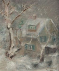Kleines Haus In Schneebedeckter Landschaft by Oscar Wilhelm Luethy