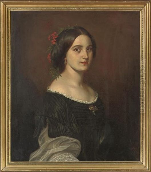 Portrait Of A Lady, Bust-length, In A Black Dress With Lace Trim, Red Flowers In Her Hair - view 1