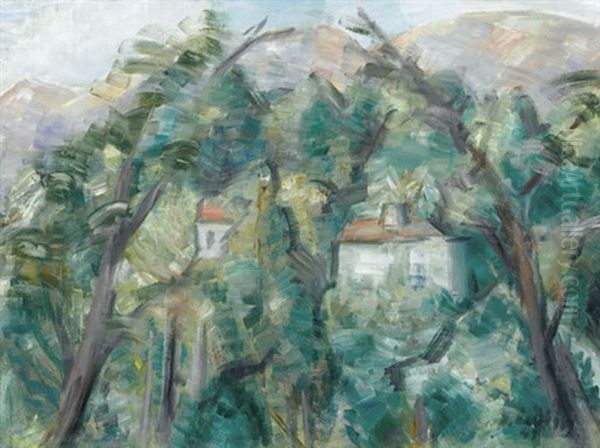 Bergige Waldlandschaft Mit Zwei Hausern - view 1