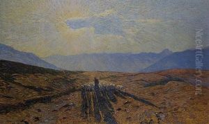Ziehende Schaftherde In Der Abendsonne, Gebudemalp Ob Visperterminen Wallis by Oscar Wilhelm Luethy