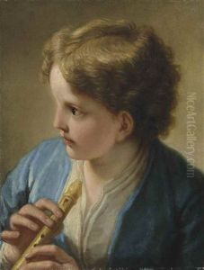 A Young Boy In A Blue Jacket Holding A Flute by Benedetto Luti