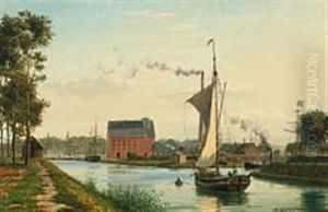 Canal Scape With Sailing Ships by Mathias Jakob Frederik Luetken