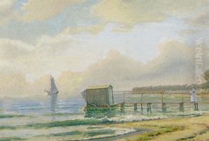 Kystparti Med Sejlskib, Badebro Og Kvinde Med Parasol by Mathias Jakob Frederik Luetken