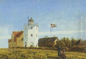 Tre Smapiger Med En Traekvogn Ved Fyrtarnet, Gjedser by Mathias Jakob Frederik Luetken